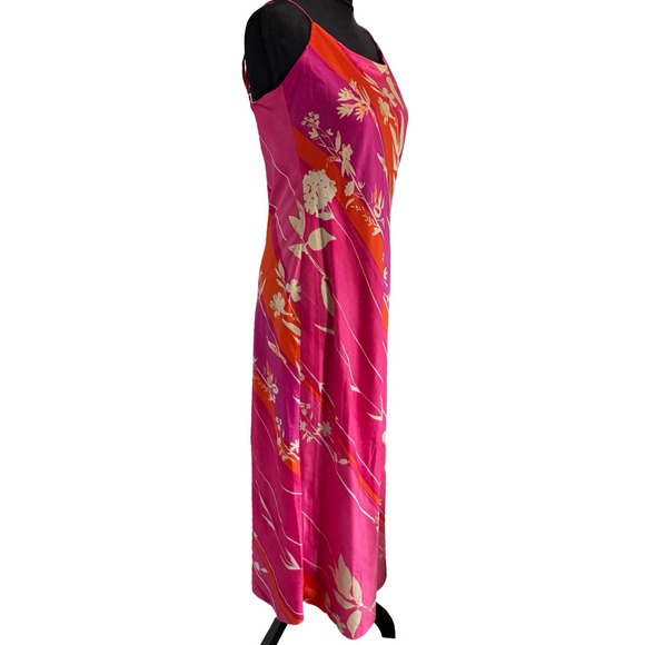 Natori Pink Orange Floral Diagonal Stripe Bias Cut Slip Midi Dress Womens Small - Picture 5 of 7